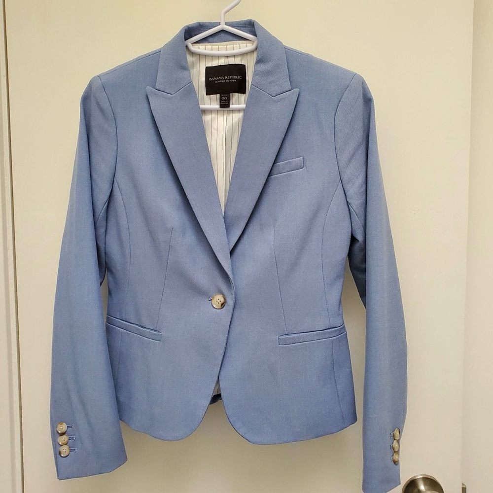 💎Women’s Collared Banana Republic Long Sleeve Baby Light Blue Jacket 00 Petite💎